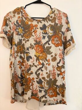 Floral Short Sleeve Knit Top - Cream with Rust & Olive Floral Print